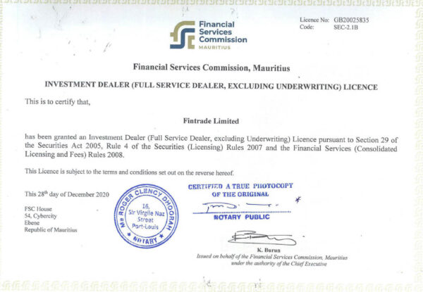 Fintradeの金融ライセンスの参考画像