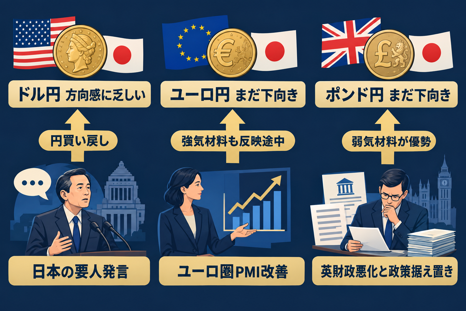 ドル円・ユーロ円・ポンド円を動かす材料の違いを比較する図