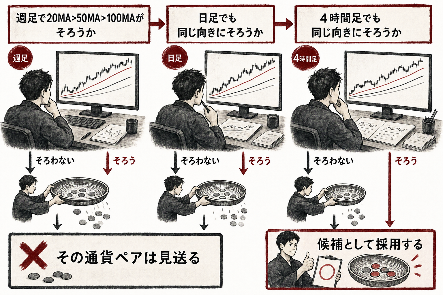 週足・日足・4時間足の移動平均が同じ向きにそろうかを順番に確認し、途中でそろわなければ見送るという判定の流れを示す図
