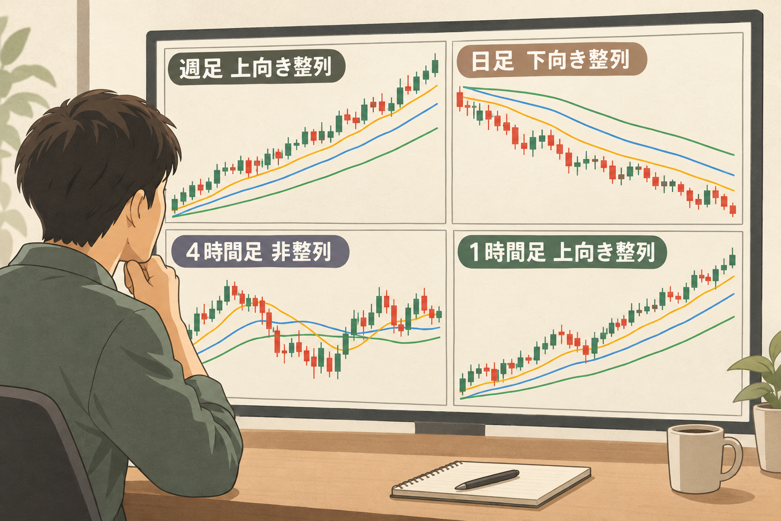 週足・日足・4時間足・1時間足で移動平均線の並びが異なる様子を比較する図