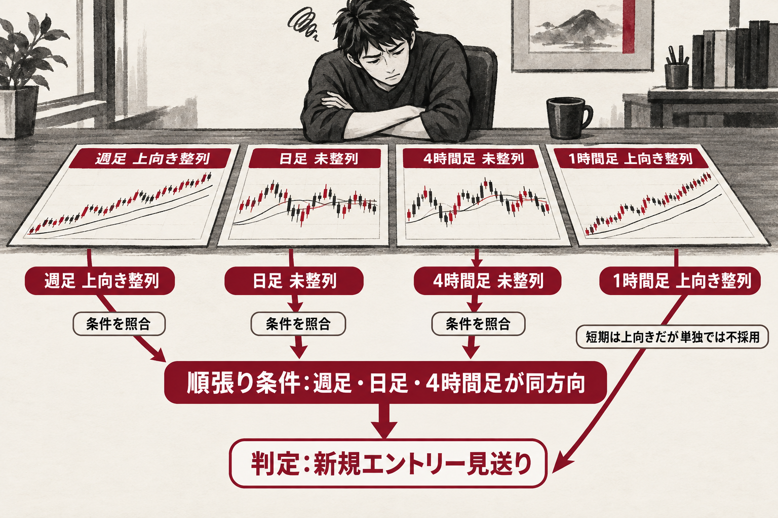 週足・日足・4時間足・1時間足の判定を照合し、順張り条件が成立せず新規エントリーを見送る流れ