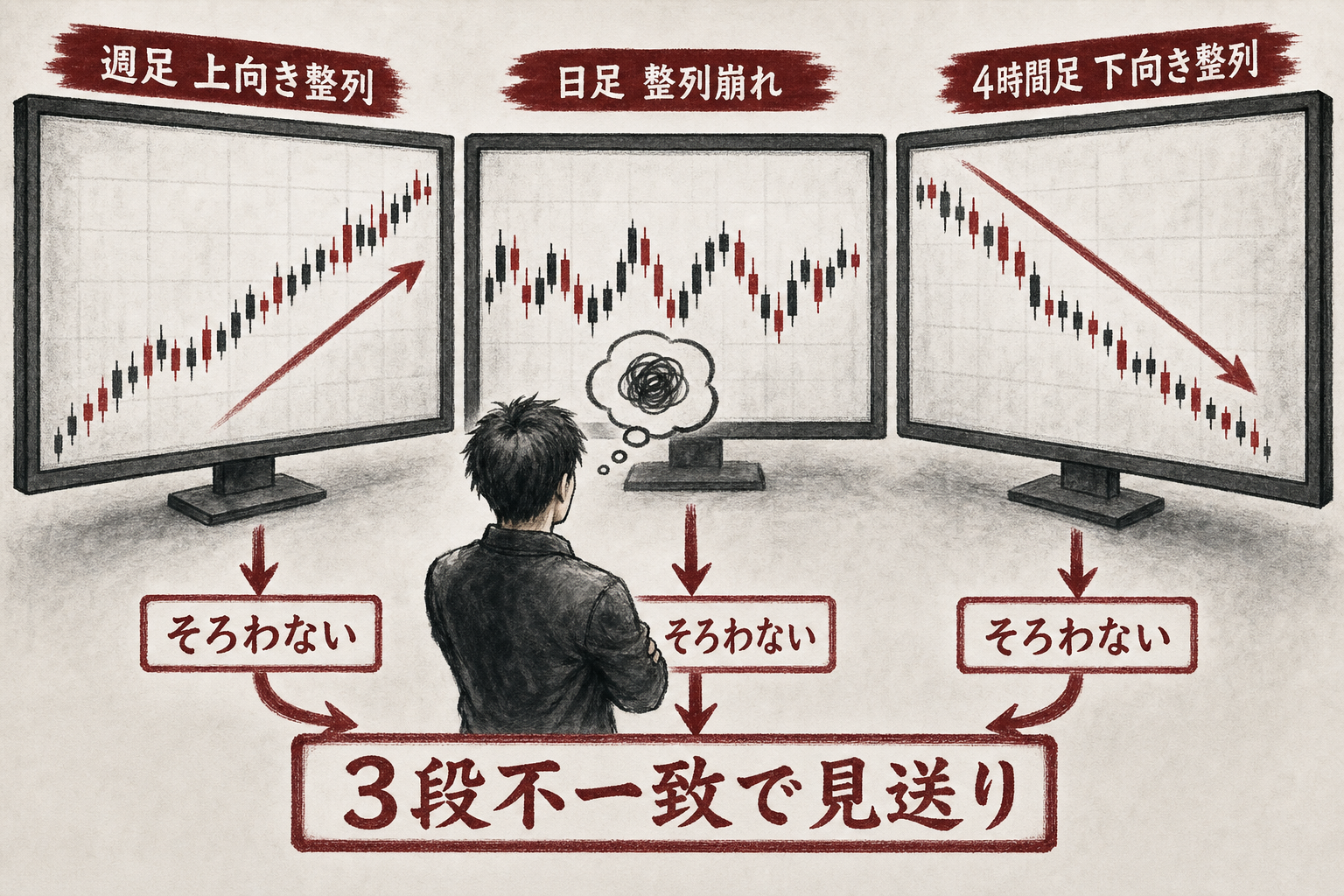 週足・日足・4時間足の移動平均整列を比較し、そろわないため見送りと判定する図