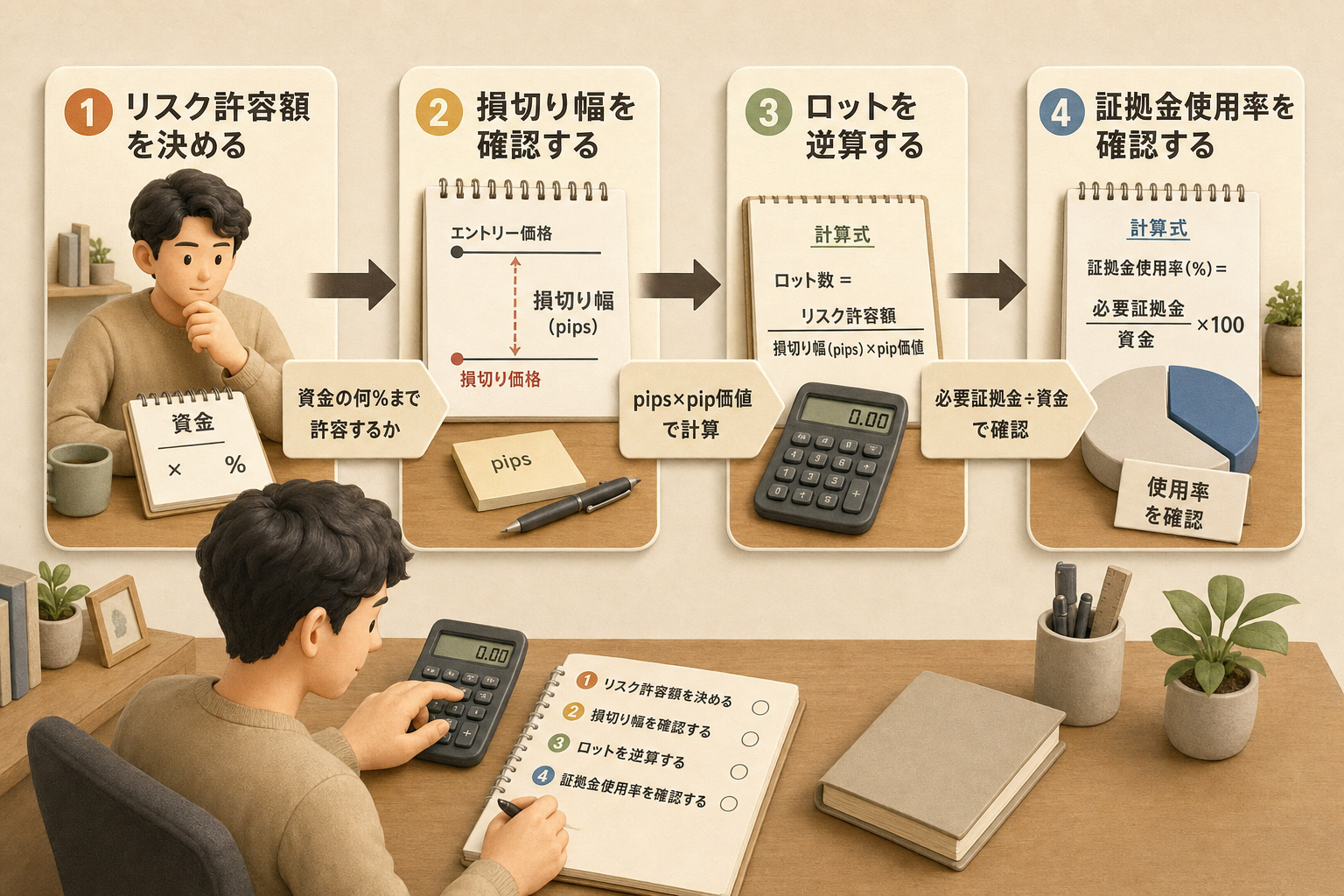 リスク許容額から損切り幅、ロット数、証拠金使用率まで4段階で決める順序を示す図