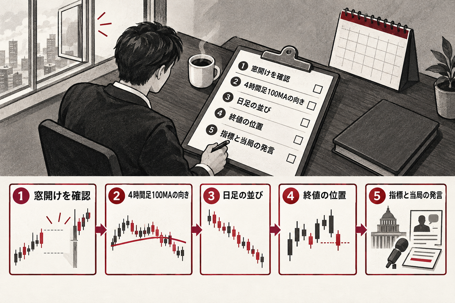 週明けに窓開け、4時間足100MAの向き、日足の並び、終値の位置、指標と当局の発言の順で確認する流れ