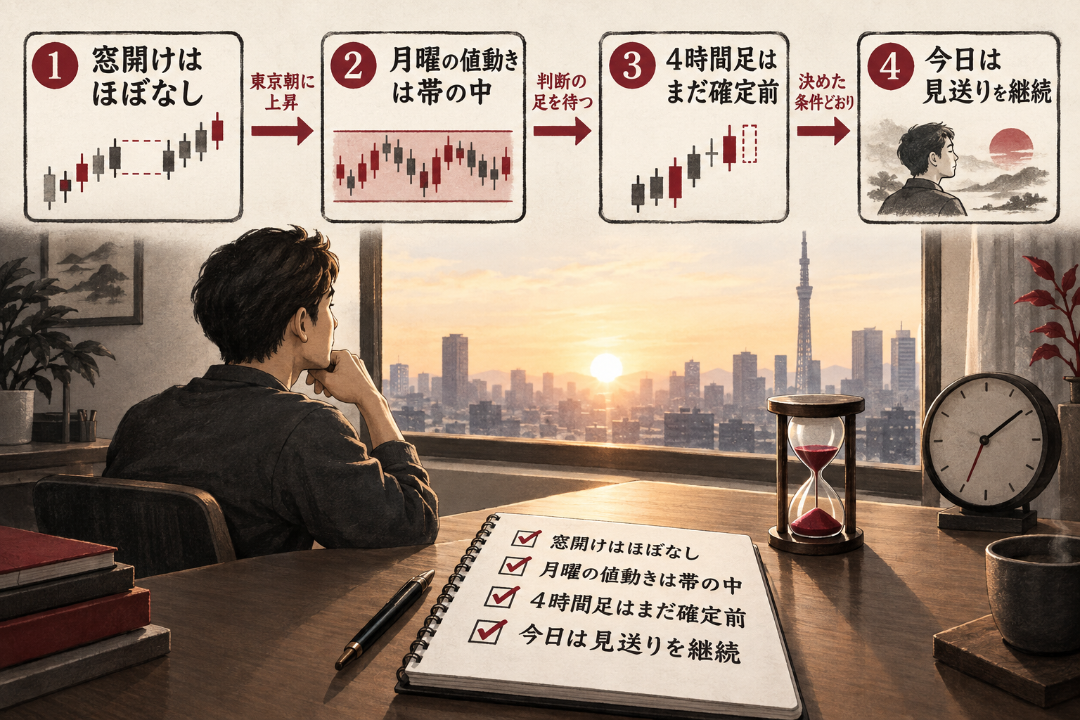 窓開けがほぼなかったこと、月曜の値動きが判断の帯の中にあること、4時間足がまだ確定前であることを確かめ、見送りを続けた流れ