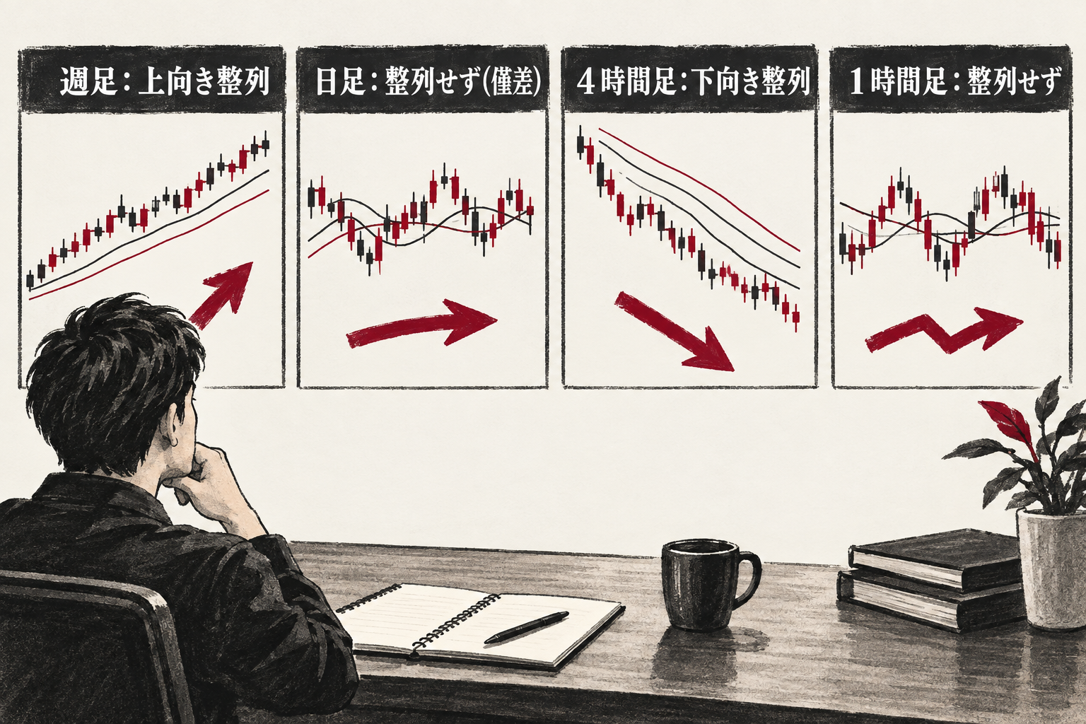 週足は上向き、日足と1時間足は整列せず、4時間足は下向きに整列していることを示す比較図