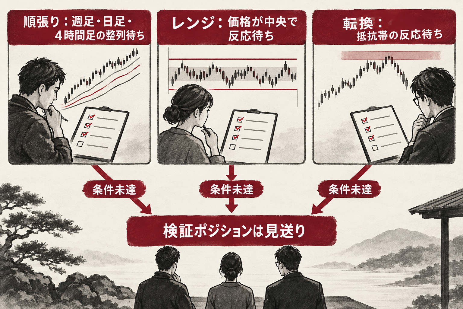 順張り・レンジ・転換の3手法を比較し、いずれも条件が整わず検証ポジションを見送ると示す図