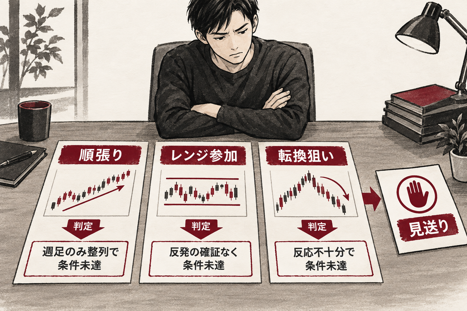 順張り・レンジ・転換の3手法を比較し、いずれも条件未達で見送りと判定する様子