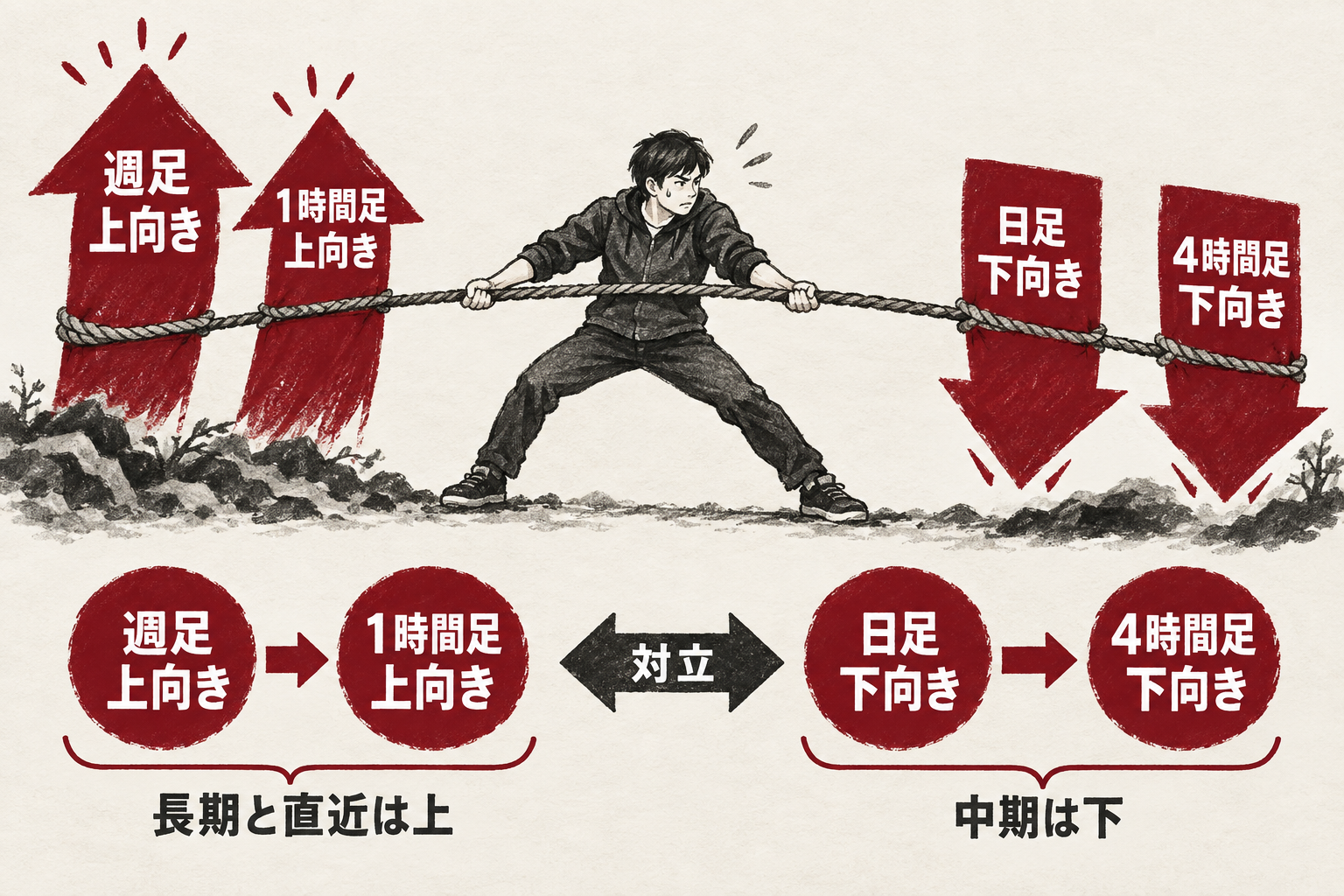 週足・1時間足の上向きと日足・4時間足の下向きが対立している図
