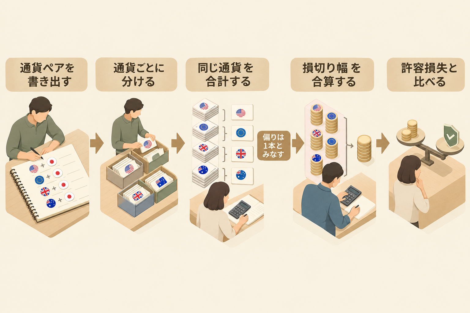 保有ポジションを通貨ごとに分けて合計し、偏りを損切り幅の合算で許容損失と比べる週末点検の順序