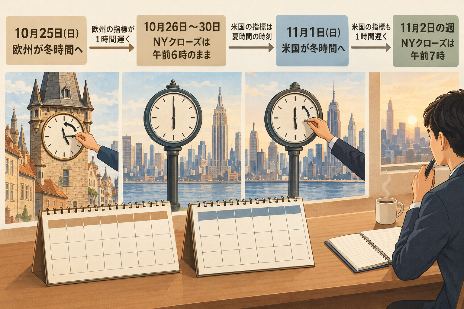 10月25日に欧州、11月1日に米国が冬時間へ移り、NYクローズが11月2日の週から日本時間午前7時になる流れ