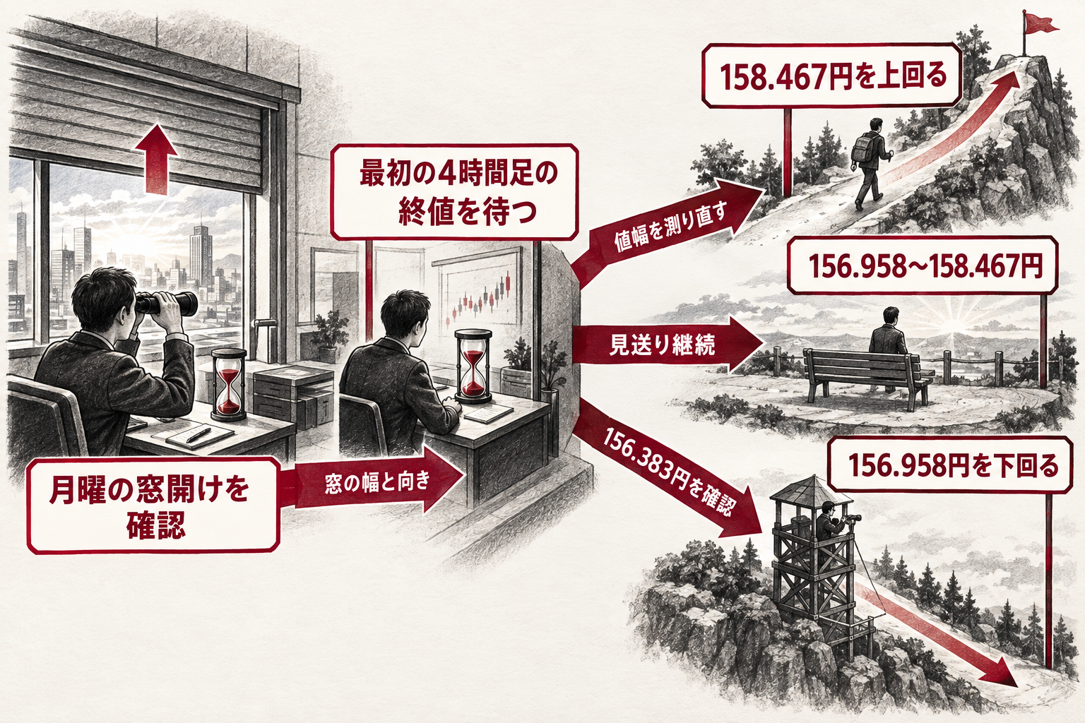 週明けに窓開けを確認し、最初の4時間足の終値が158.467円超え、156.958〜158.467円、156.958円割れのどれかで次の行動を決める流れ