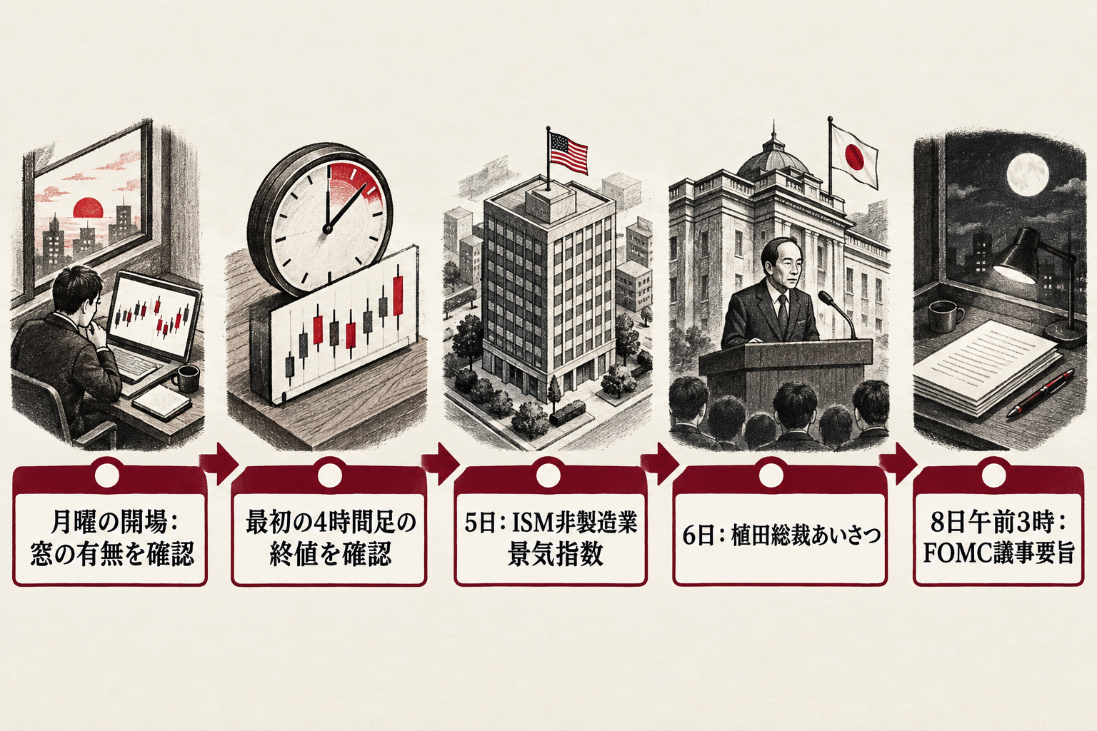 週明けに窓と最初の4時間足を確認し、5日のISM非製造業、6日の植田総裁あいさつ、8日午前3時のFOMC議事要旨の順に材料を確かめる流れ