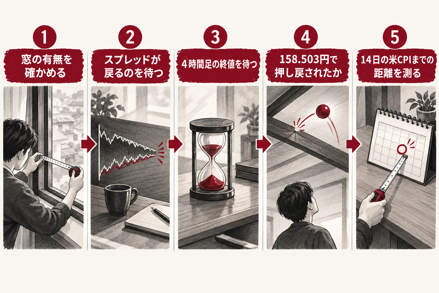 窓とスプレッドを確かめ、4時間足の終値で158.503円での押し戻しを見てから、14日の米CPIまでの距離を測る順番
