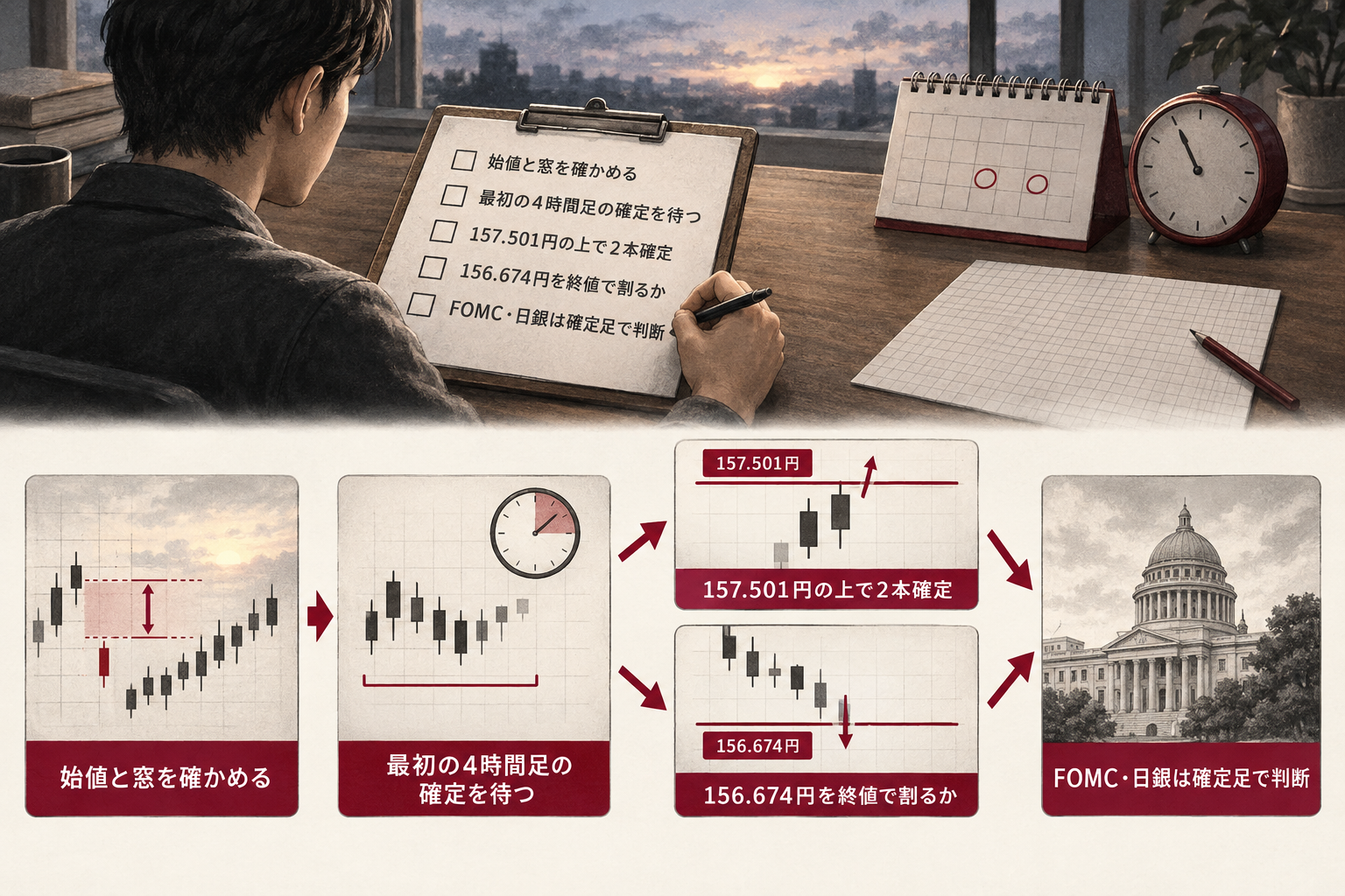 週明けのドル円で、始値と窓、最初の4時間足、157.501円と156.674円に対する終値、FOMC・日銀会合後の確定足を順に確かめるチェックリスト