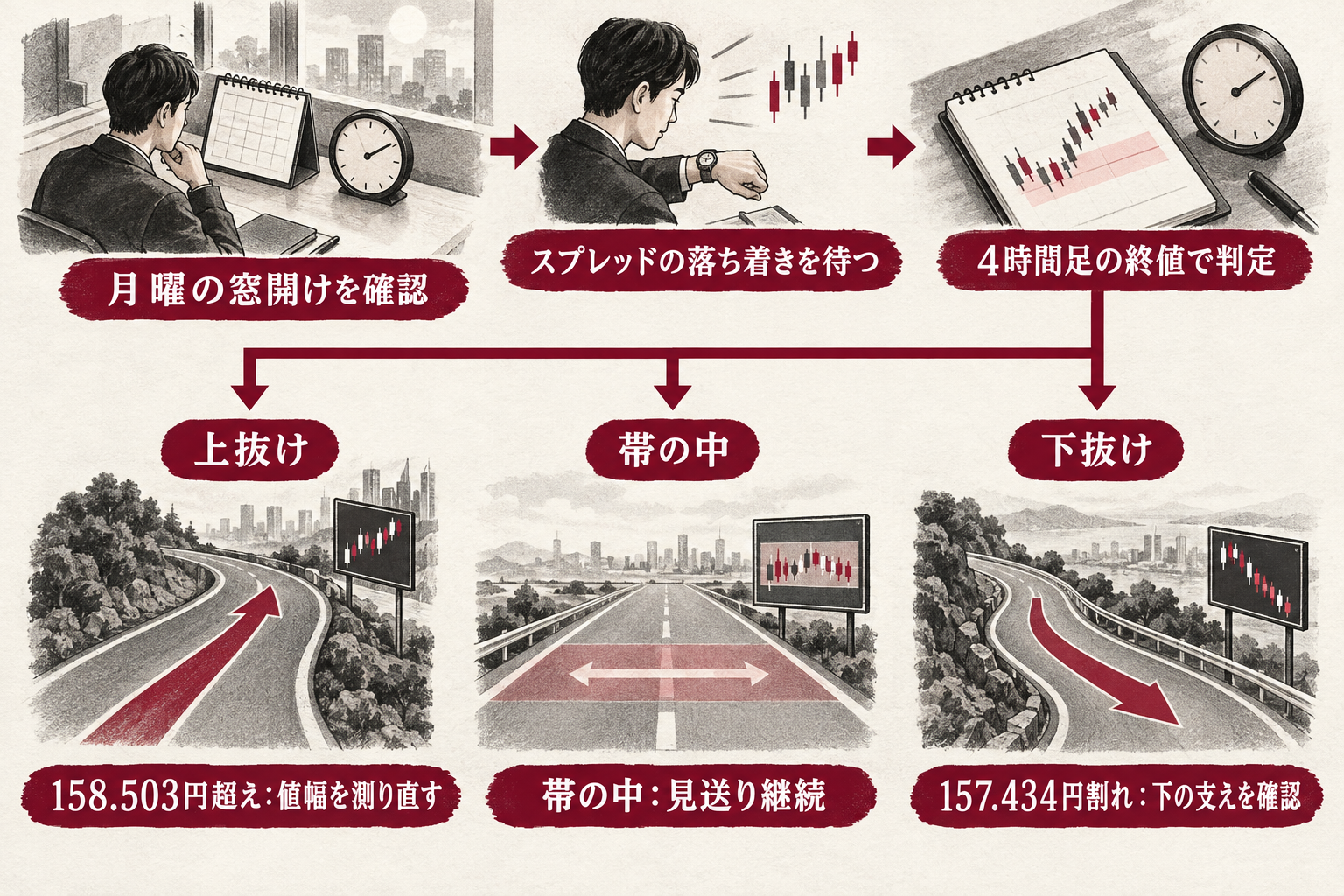 月曜の窓開けとスプレッドを確認してから、4時間足の終値で上抜け・帯の中・下抜けの3つに判断を分ける順番