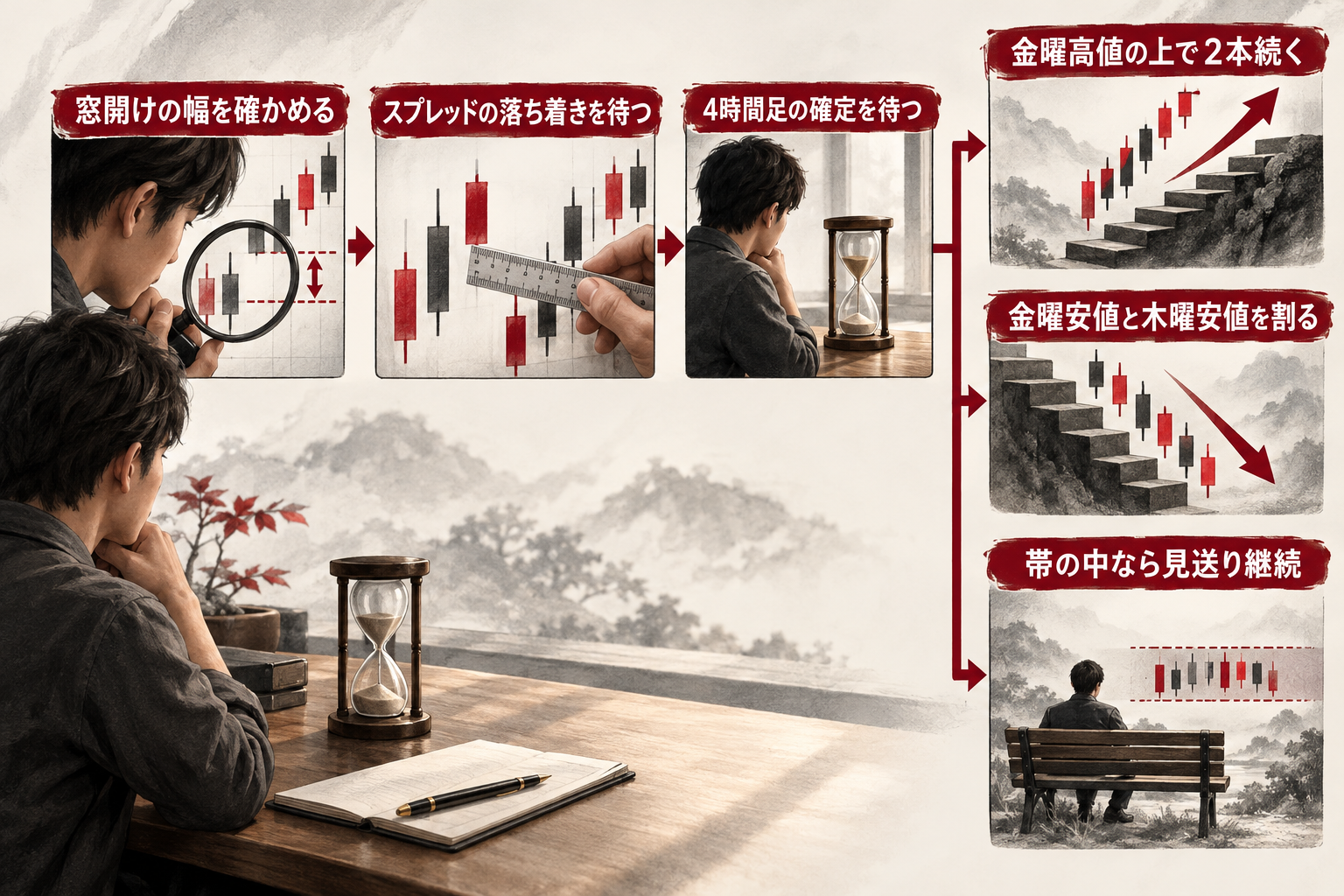 週明けに窓開けとスプレッドを確かめ、4時間足の確定位置で上抜け・下抜け・見送り継続に分ける順番