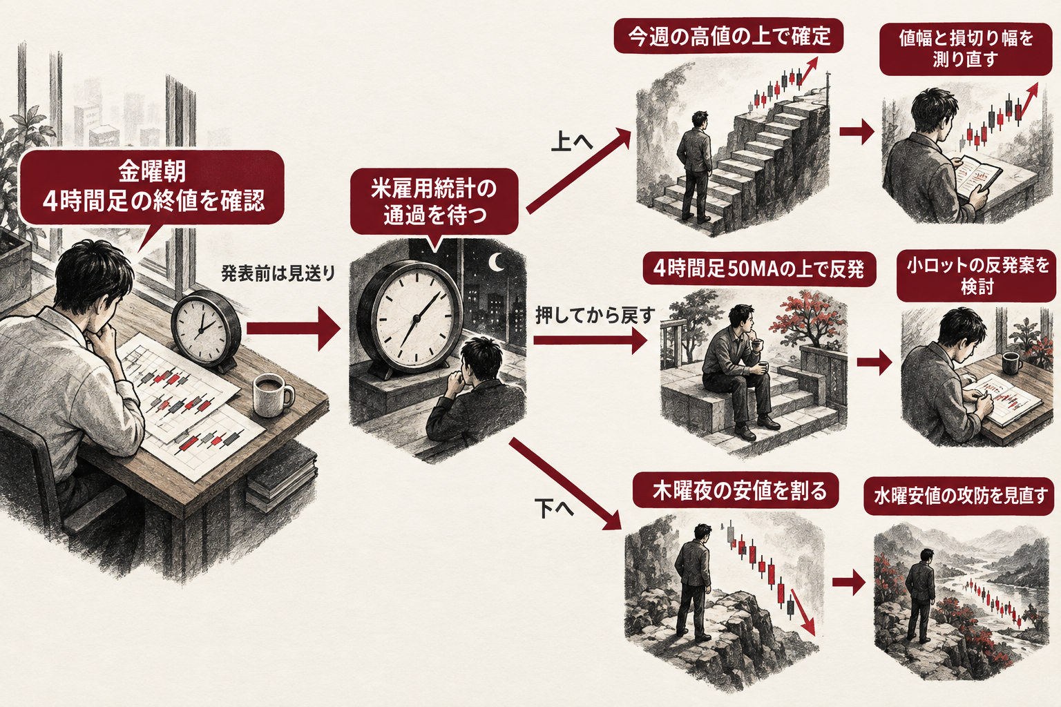 米雇用統計の通過後、4時間足終値の位置で上・押し目・下の3つに分けて次の検討内容を決める流れ