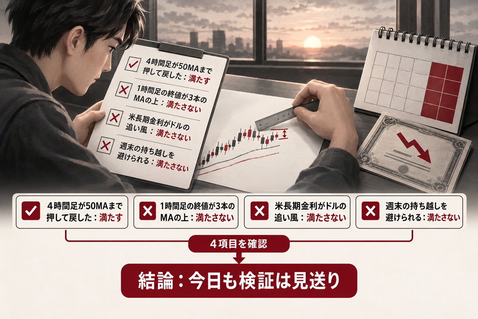 小ロットの反発を測るための4項目のうち、4時間足の押し戻しだけを満たし、1時間足・米長期金利・週末持ち越しの3項目を満たさず見送りとした点検表