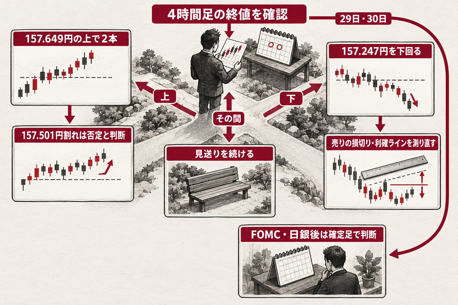 ドル円の4時間足の終値が157.649円の上で2本続くか、157.247円を下回るか、その間かで判断を分け、FOMC・日銀後は確定足で判断する流れ