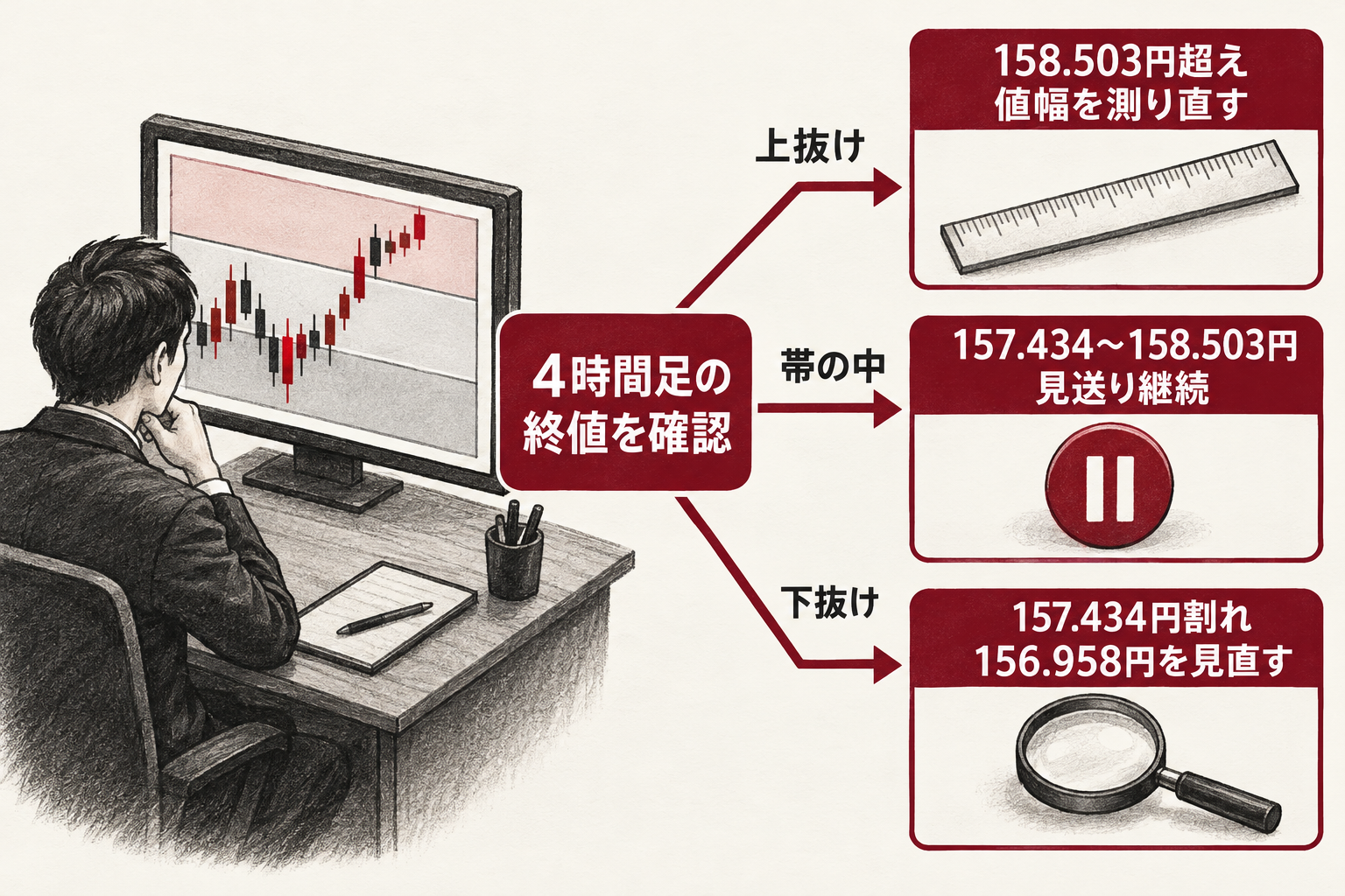 ドル円の4時間足終値が158.503円超え、157.434円から158.503円の間、157.434円割れのどれになるかで次の確認行動が分かれる判断図