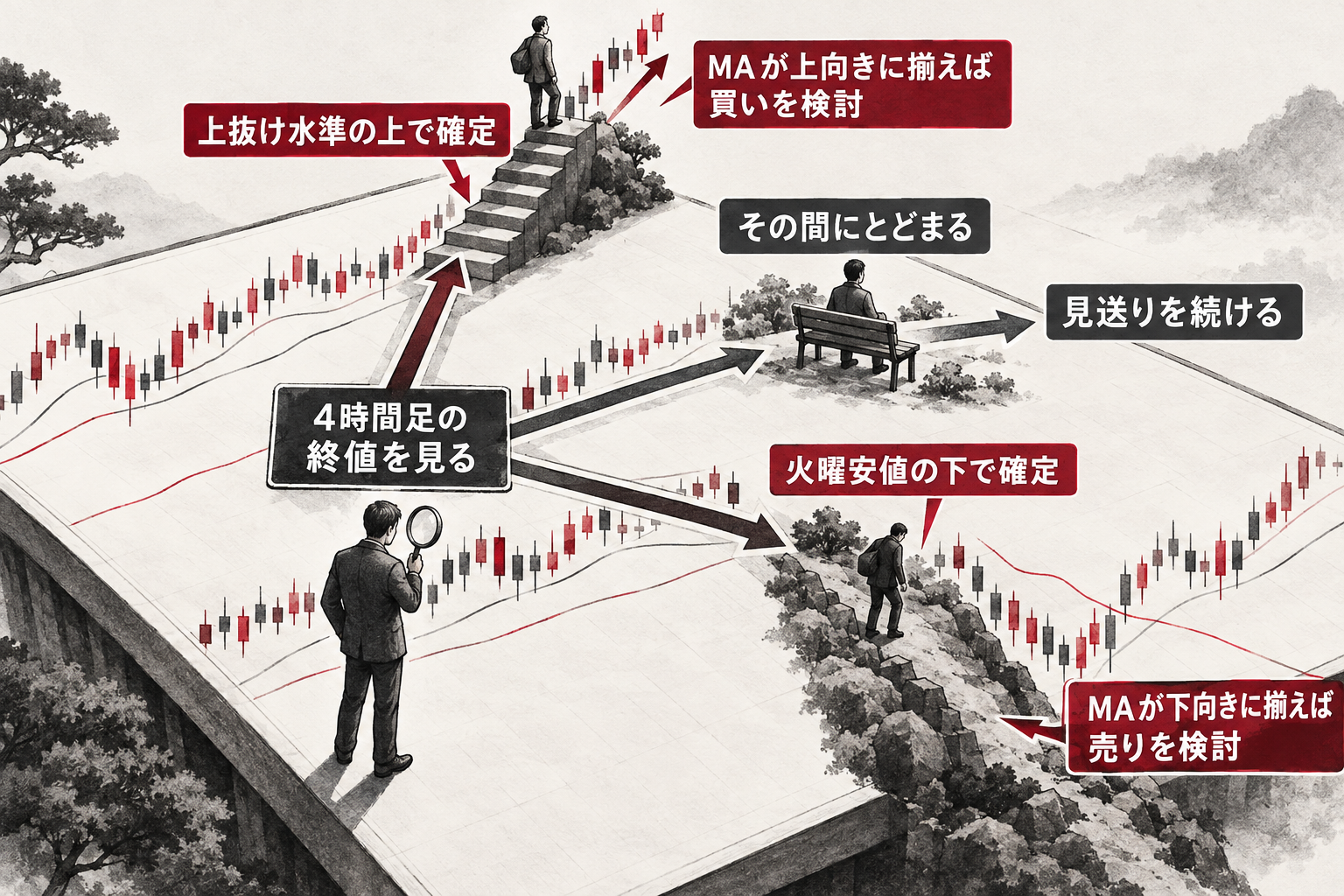 4時間足の終値の位置で、買いの検討・売りの検討・見送りに分かれる判断の順序