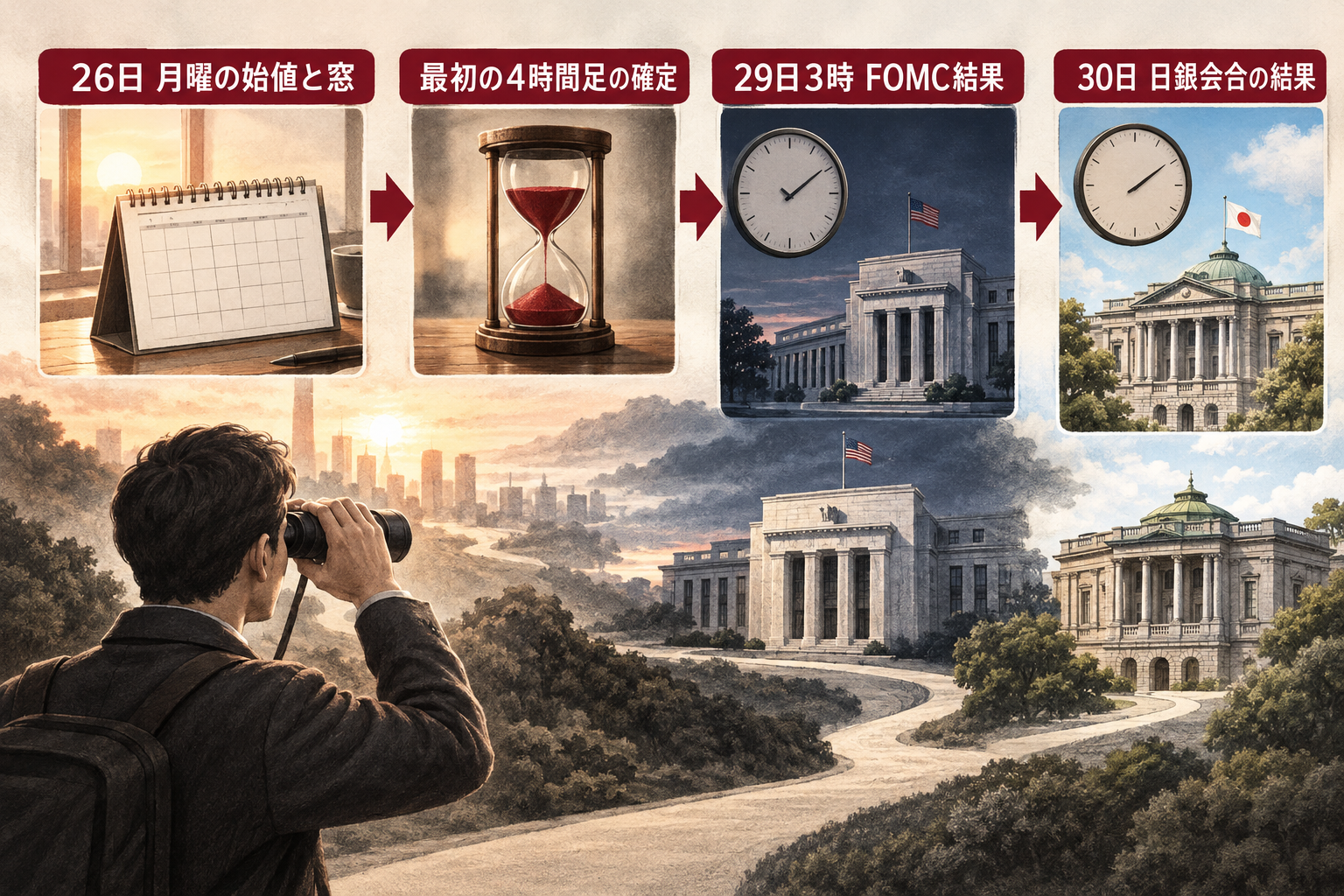 週明けの始値と窓の確認から、最初の4時間足の確定、29日3時のFOMC結果、30日の日銀会合の結果までの確認順