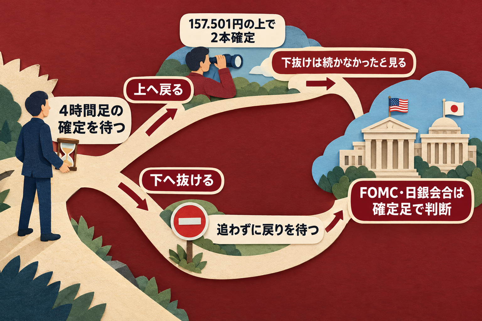 週明けに4時間足の確定を待ち、157.501円の上へ戻るか156.069円を下回るかで分岐し、FOMC・日銀会合は確定足で判断する順序