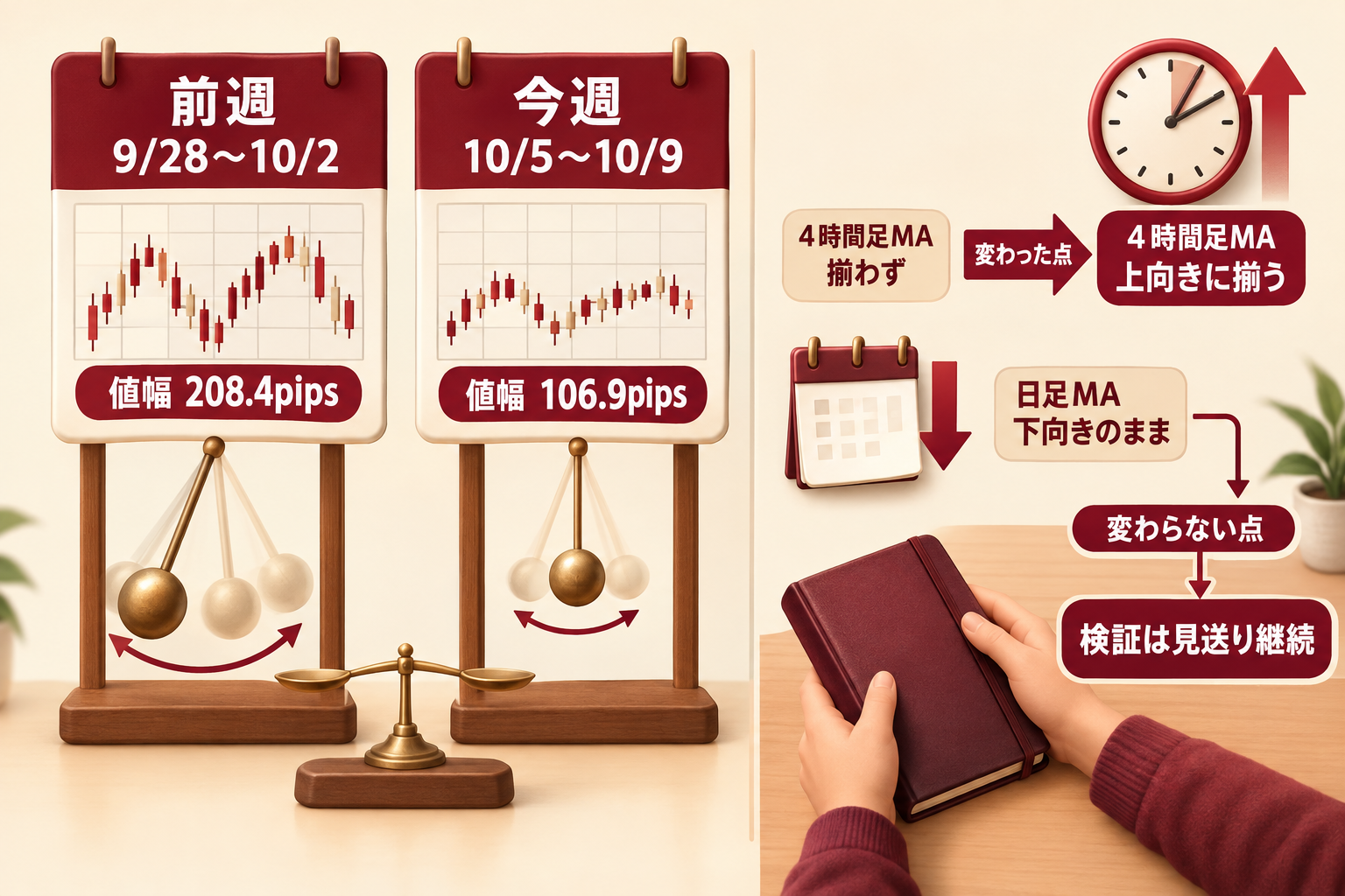 前週と今週のドル円を比較し、値幅が208.4pipsから106.9pipsへ縮み、4時間足MAが上向きに揃った一方、日足MAは下向きのままで検証は見送りが続いたことを示す図