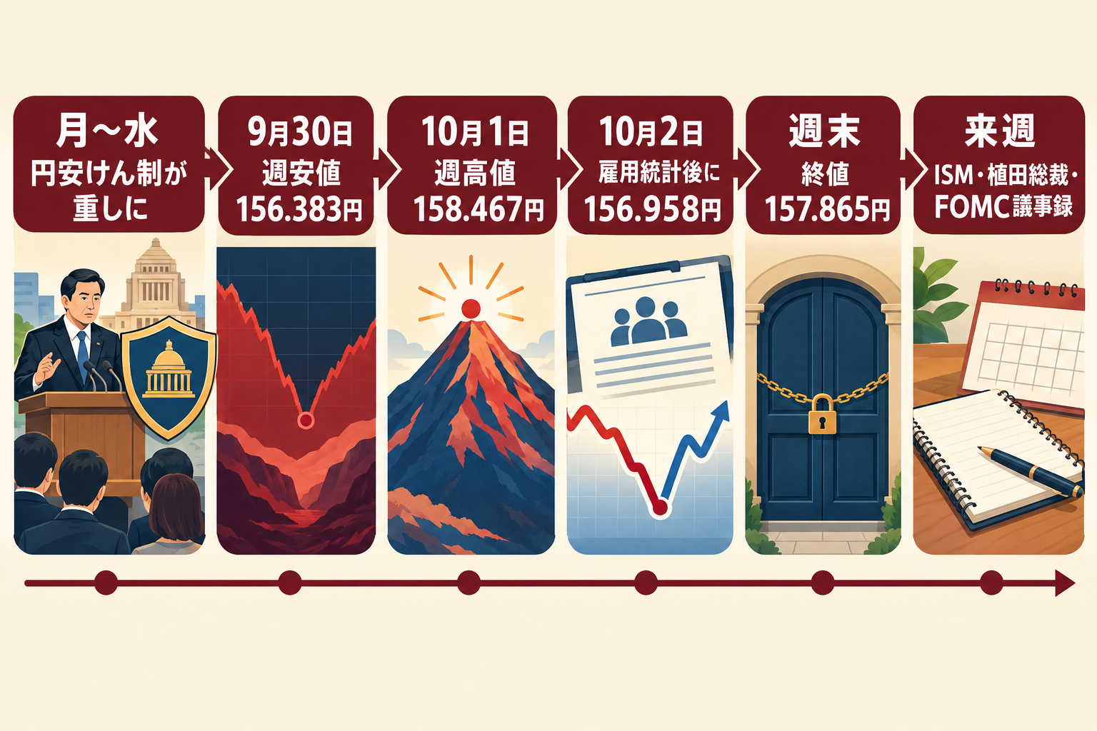 今週のドル円の流れ。円安けん制、9月30日の週安値156.383円、10月1日の週高値158.467円、10月2日の雇用統計後の安値156.958円、終値157.865円、来週の予定の順